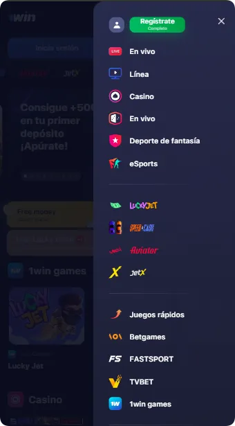 Menú de navegación de 1Win Lucky Jet