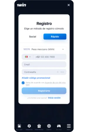 Formulario registro rápido 1Win
